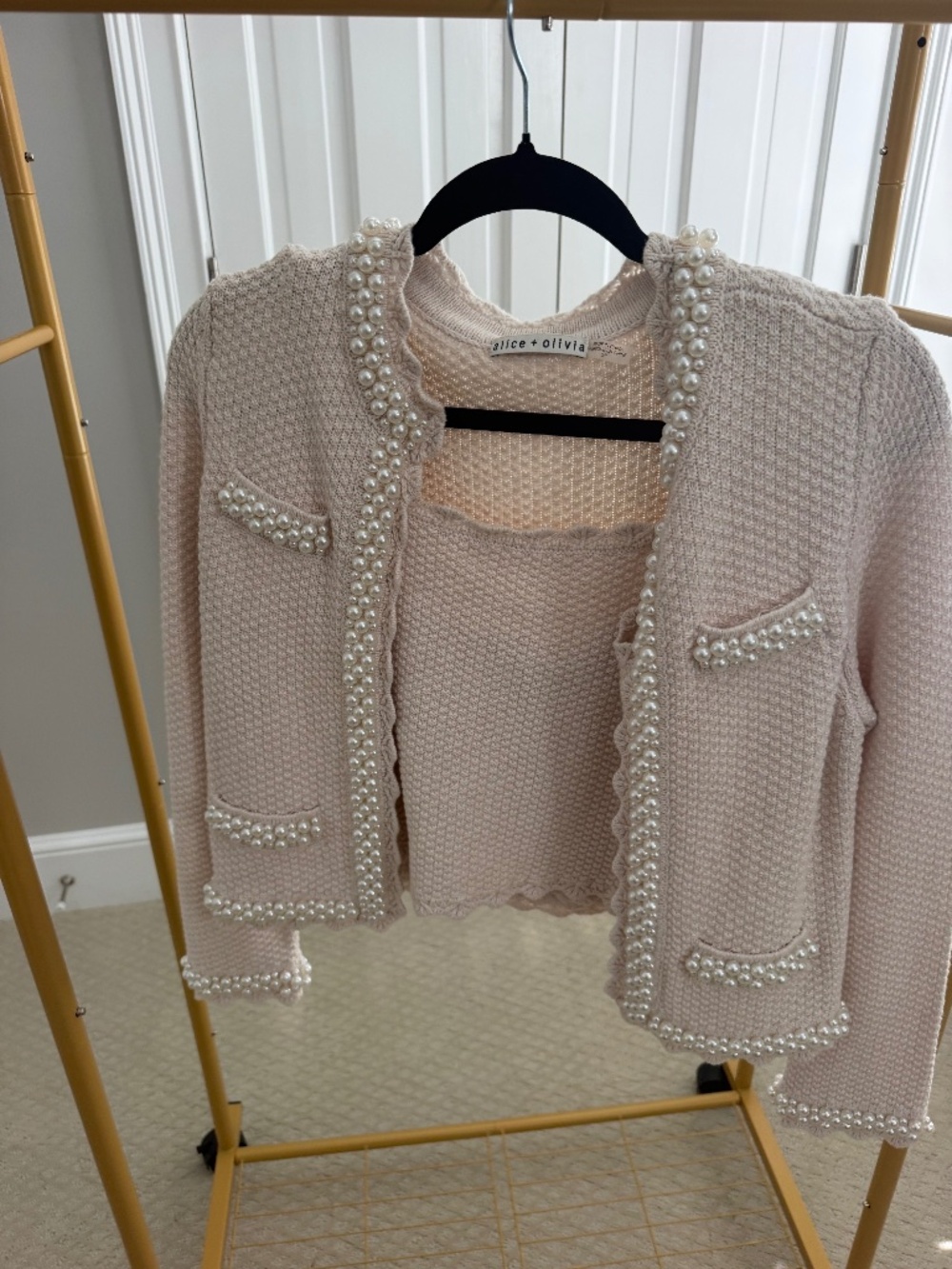 Alice + Olivia Cream Knit Pearl Strap Tank Top Small and Cardigan in Small